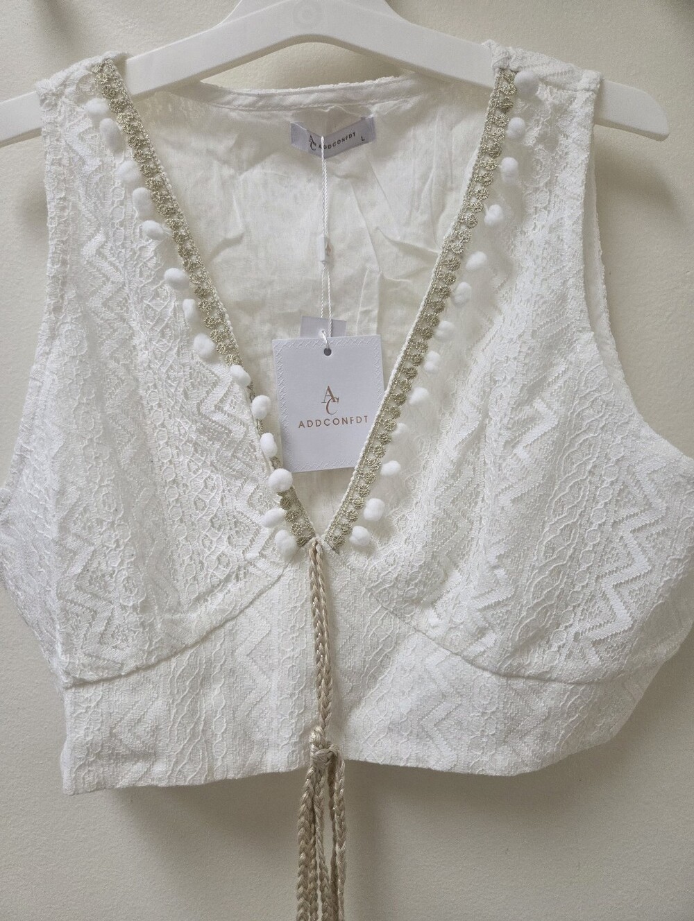 White Lace Crop Top with Pom Trim
